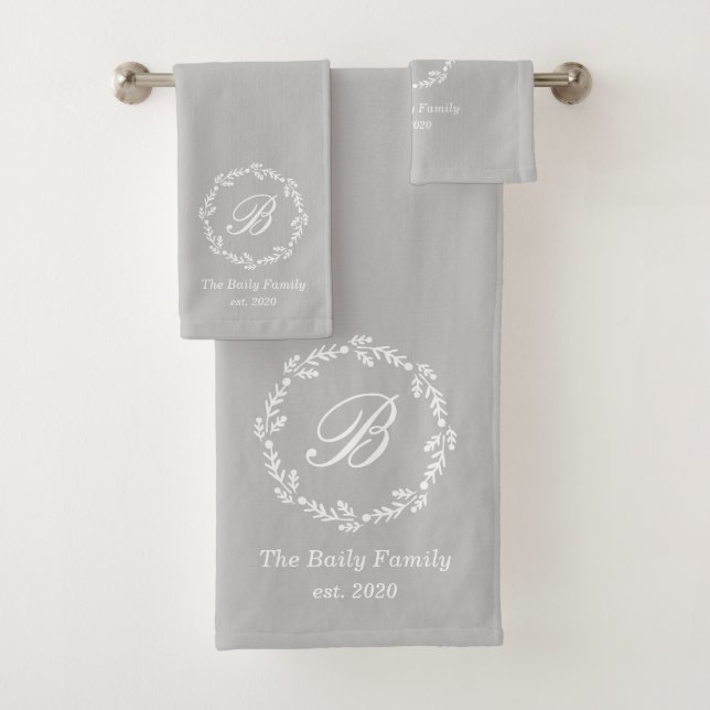 Rustic Grey Winter Wreath Family Name Monogram Bath Towel Set (Insitu)