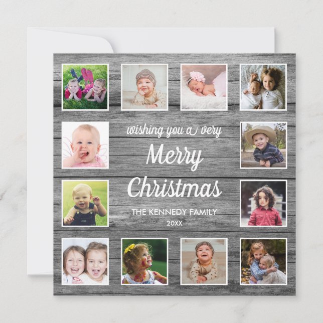 Rustic Grey Wood 12 Photo Collage  Christmas Holiday Card (Front)