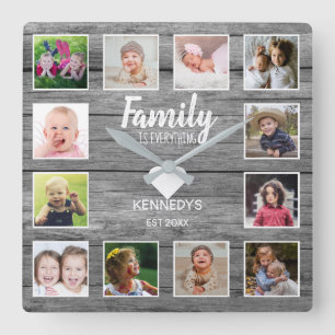 Rustic Grey Wood 12 Photo Collage Family Quote Square Wall Clock