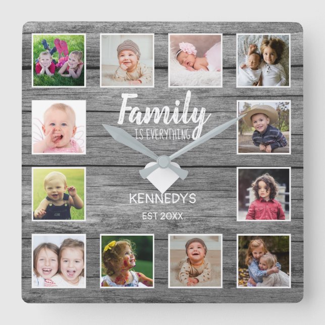 Rustic Grey Wood 12 Photo Collage Family Quote Square Wall Clock (Front)