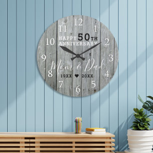 Rustic Grey Wood 50th Gold Wedding Anniversary Large Clock