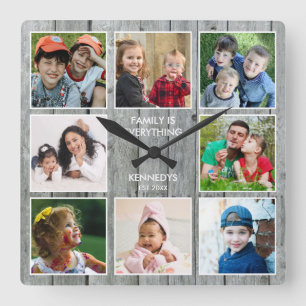 Rustic Grey Wood 8 Photo Collage Family Quote  Square Wall Clock