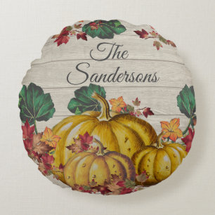 Rustic Grey Wood Autumn Orange Pumpkin Fall Leaves Round Cushion