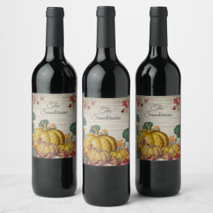 Rustic Grey Wood Autumn Orange Pumpkin Fall Leaves Wine Label