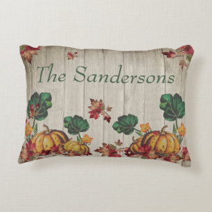 Rustic Grey Wood Autumn Orange Pumpkins Fall Leave Decorative Cushion