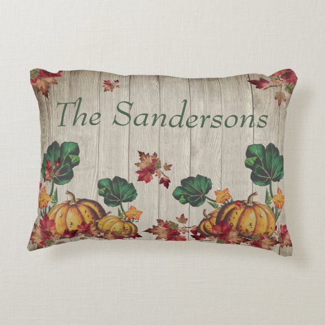 Rustic Grey Wood Autumn Orange Pumpkins Fall Leave Decorative Cushion (Back)