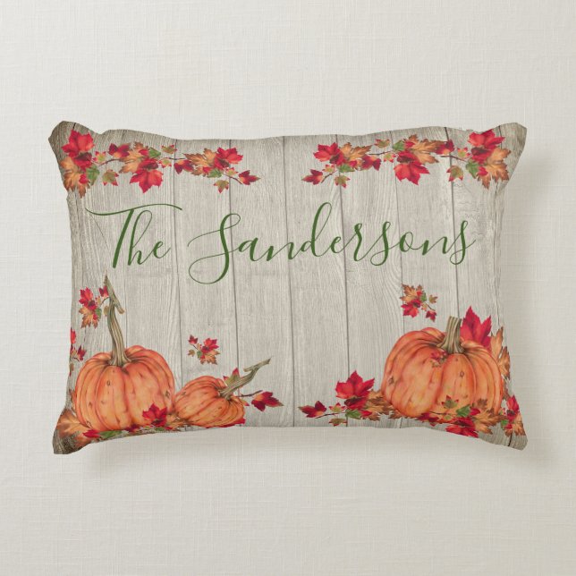 Rustic Grey Wood Autumn  Pumpkins Fall Leaves  Acc Decorative Cushion (Front)