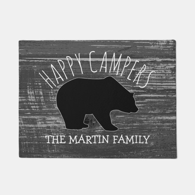 Rustic Grey Wood Bear Family Name | Happy Campers Doormat (Front)
