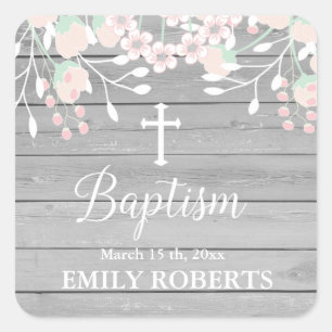 Rustic grey wood blush floral baptism square sticker