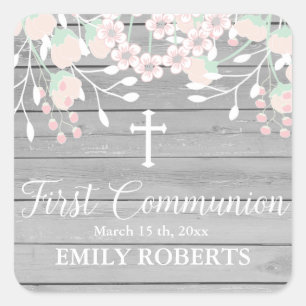 Rustic grey wood blush floral first communion square sticker