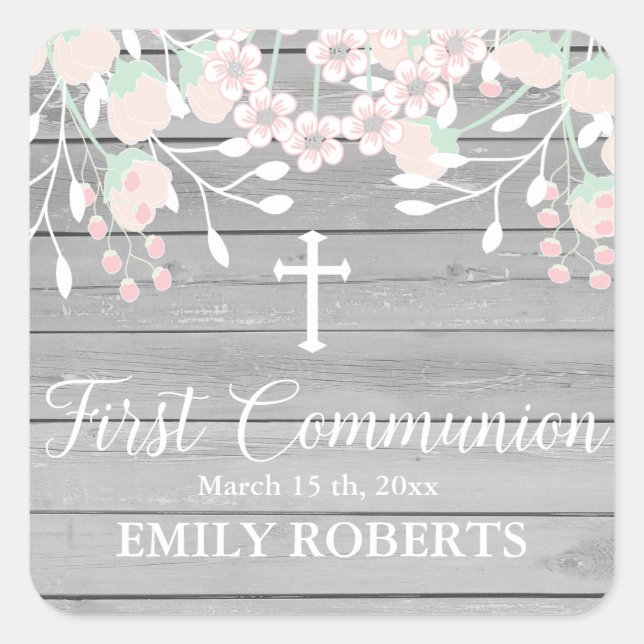 Rustic grey wood blush floral first communion square sticker (Front)