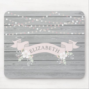Rustic grey wood blush ribbon monogram mouse mat