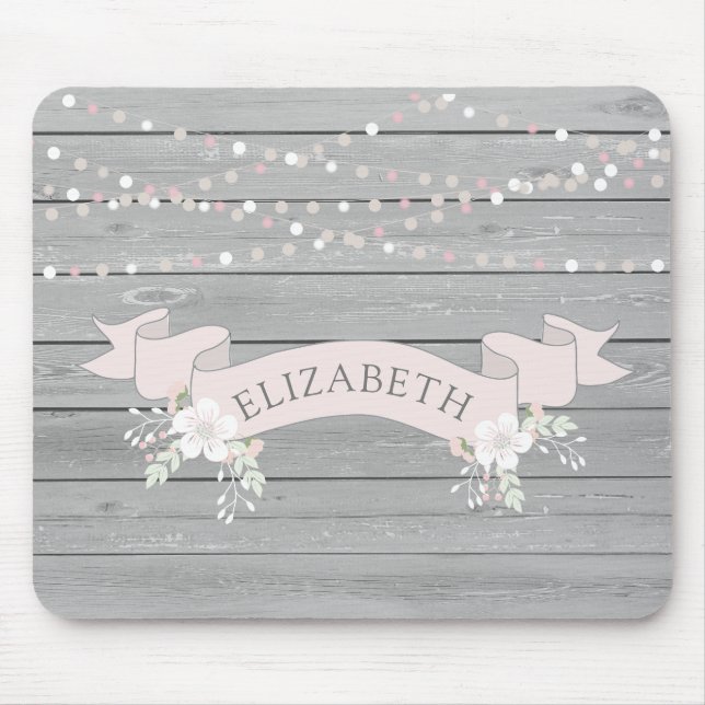 Rustic grey wood blush ribbon monogram mouse mat (Front)