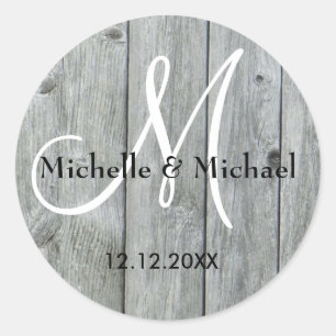 Rustic Grey Wood Bride And Groom Monogram Classic Round Sticker