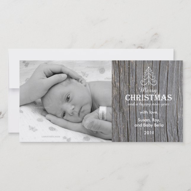 Rustic Grey Wood Christmas Tree photo card (Front)