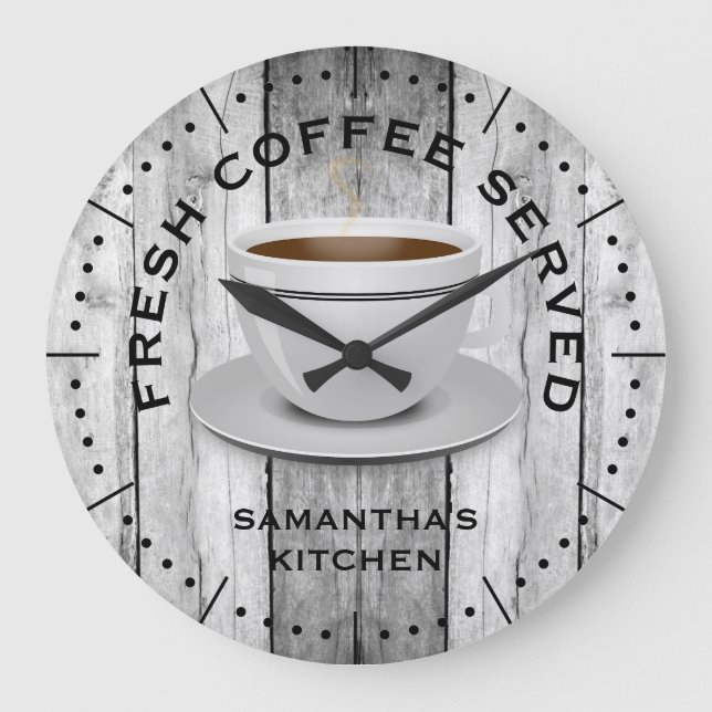 Rustic Grey Wood Coffee Theme Farmhouse Kitchen Large Clock (Front)