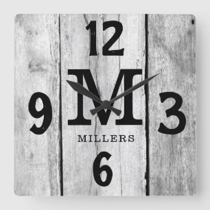  Rustic Grey Wood Family Name Monogram Farmhouse Square Wall Clock
