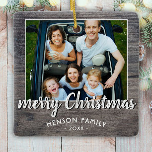 Rustic Grey Wood Family Photo Merry Christmas Ceramic Ornament