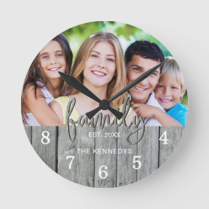 Rustic Grey Wood Family Typography Photo   Round Clock