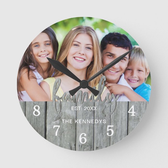 Rustic Grey Wood Family Typography Photo   Round Clock (Front)