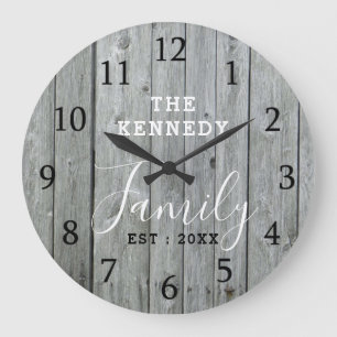 Rustic Grey Wood Farmhouse Family Name Large Clock