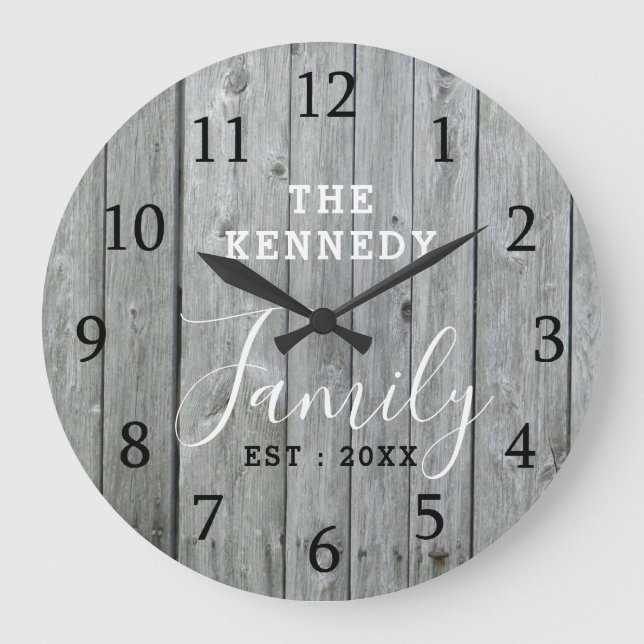 Rustic Grey Wood Farmhouse Family Name Large Clock (Front)