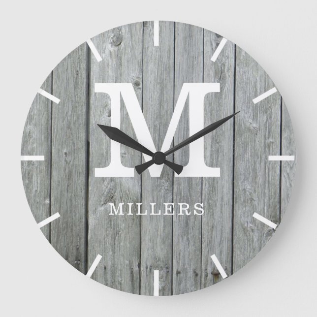 Rustic Grey Wood Farmhouse Monogram Name Large Clock (Front)