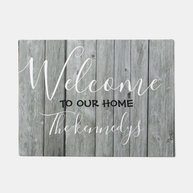 Rustic Grey Wood Farmhouse Welcome Doormat (Front)