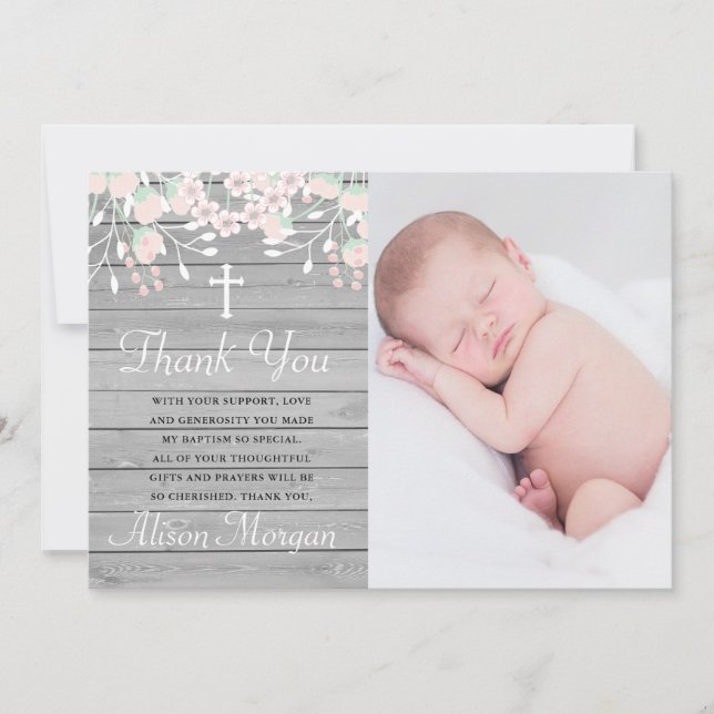 Rustic grey wood floral baptism thank you card (Front)