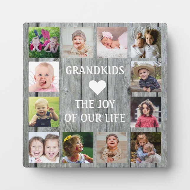 Rustic Grey Wood Grandkids Quote 12 Photo Collage Plaque (Front)