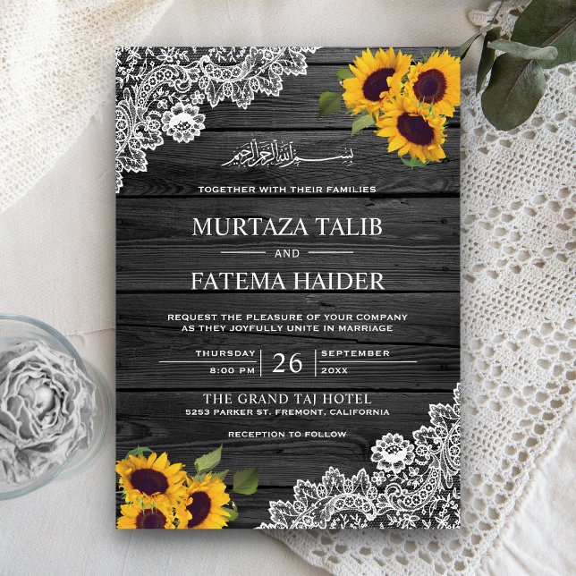 Rustic Grey Wood Lace Sunflower Islamic Wedding Invitation (Creator Uploaded)