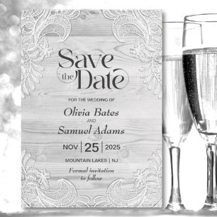 Rustic Grey Wood Lace Wedding Save The Date