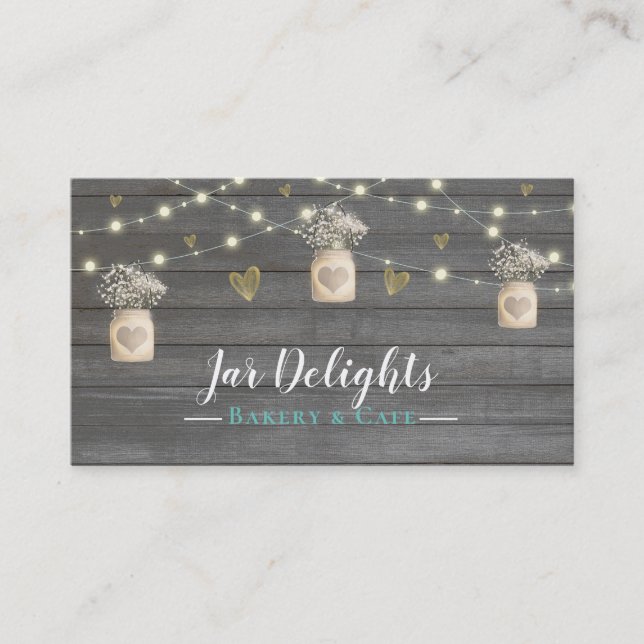 Rustic Grey Wood Lights & Mason Jar Flowers Business Card (Front)