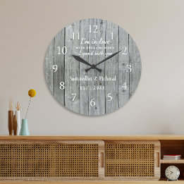 Rustic Grey Wood Love Quote Wedding Anniversary Large Clock