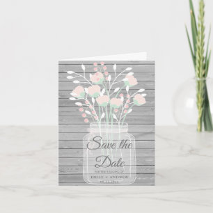 Rustic grey wood mason jar save the date photo invitation