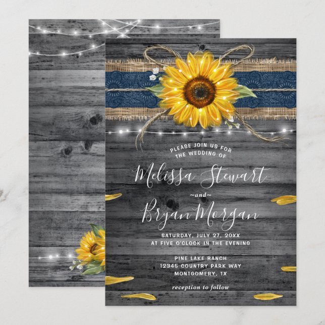 Rustic Grey Wood Navy Blue Lace Sunflower Wedding Invitation (Front/Back)