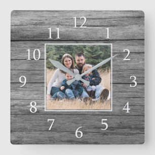Rustic Grey Wood One Family Photo Farmhouse Square Wall Clock