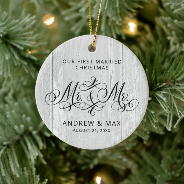 Rustic Grey Wood Personalised Mr & Mr Gay Wedding Ceramic Tree Decoration (Tree)