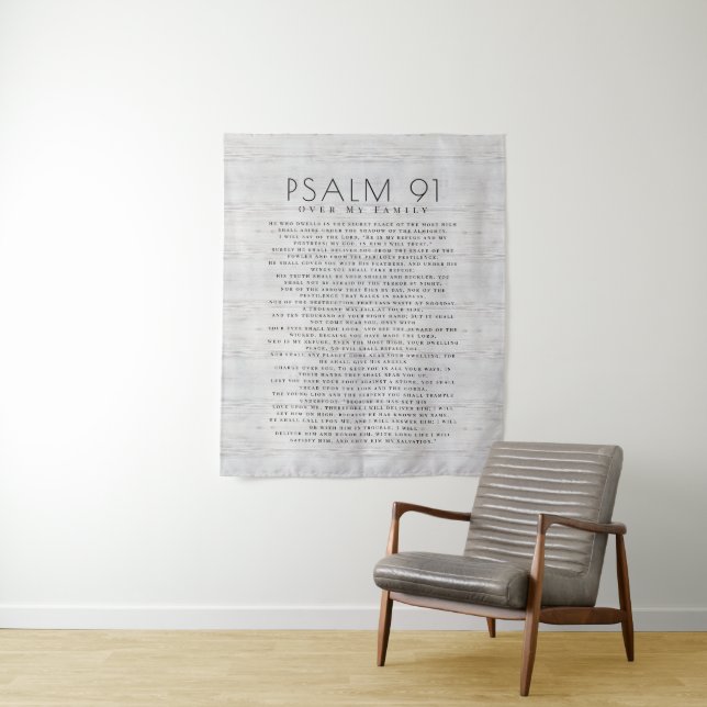 Rustic Grey Wood Psalm 91 Over My Family Christian Tapestry (In Situ)
