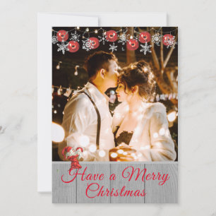 Rustic Grey Wood Red Elf Family Photo Christmas Holiday Card