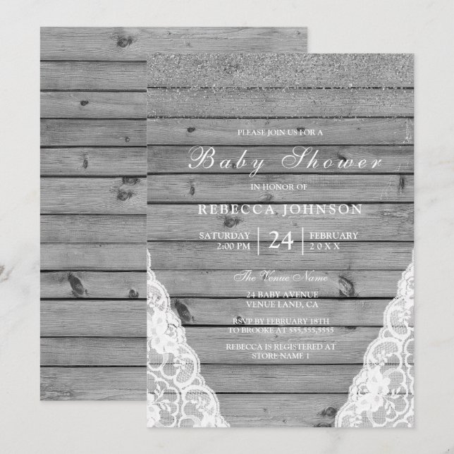 Rustic Grey Wood Silver White Lace Baby Shower Invitation (Front/Back)