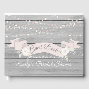 Rustic grey wood string lights bridal shower guest book
