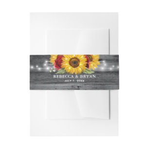 Rustic Grey Wood Sunflower and Red Rose Wedding Invitation Belly Band
