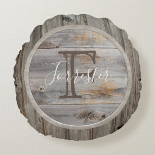 Rustic Grey Wood Tone Monogram Round Cushion