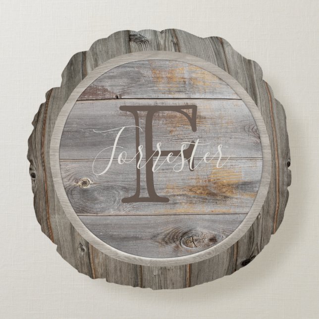 Rustic Grey Wood Tone Monogram Round Cushion (Front)