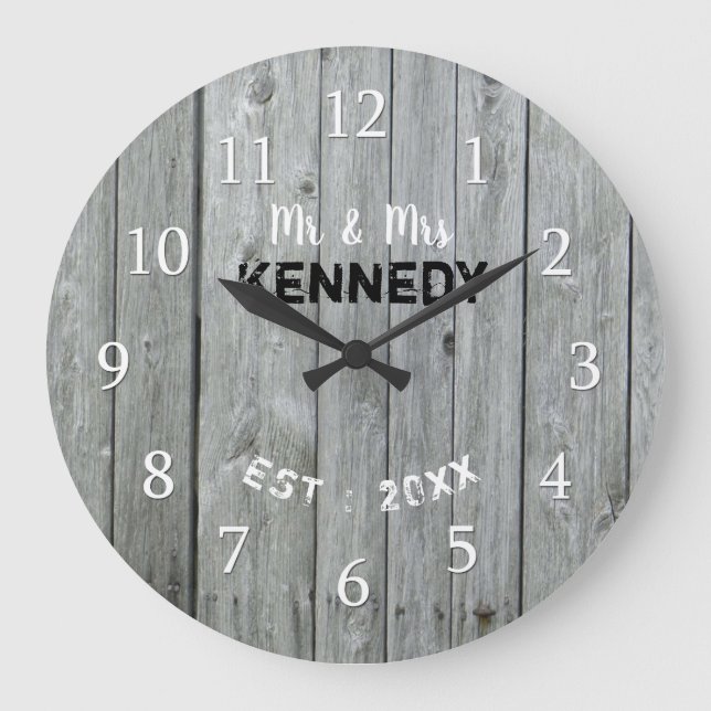 Rustic Grey Wood  Wedding Anniversary Large Clock (Front)