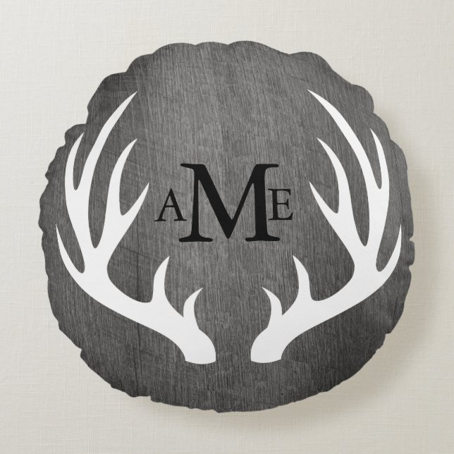 Rustic Grey Wood White Deer Antlers Personalised Round Cushion (Front)