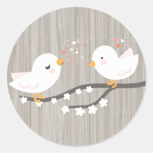 Rustic Grey Wood White Lovebirds Wedding Classic Round Sticker