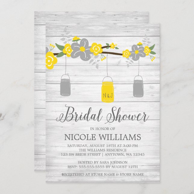 Rustic Grey Yellow Mason Jar Branch Bridal Shower Invitation (Front/Back)