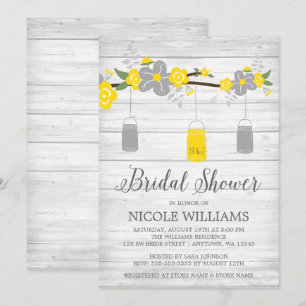 Rustic Grey Yellow Mason Jar Branch Bridal Shower Invitation